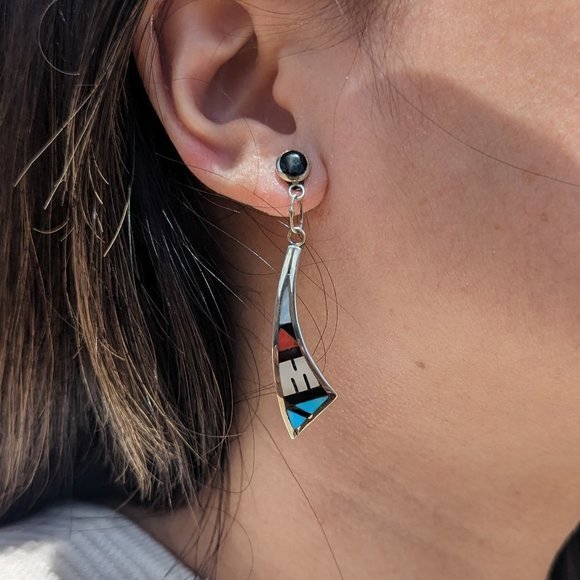 Native American Jewlery Jewelry - Handmade Native American Zuni Women's Inlay Dangle Earrings